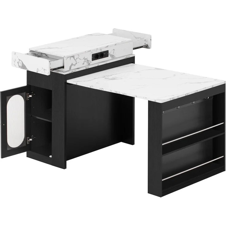 Merax Kücheninsel mit Rollen, Ausziehbarer Esstisch mit faltbarer Tischplatte, Bartisch mit Steckdosenleisten und Haken, dient als Kücheninsel, Sideboard oder Bartisch(Schwarz) – Bild 9