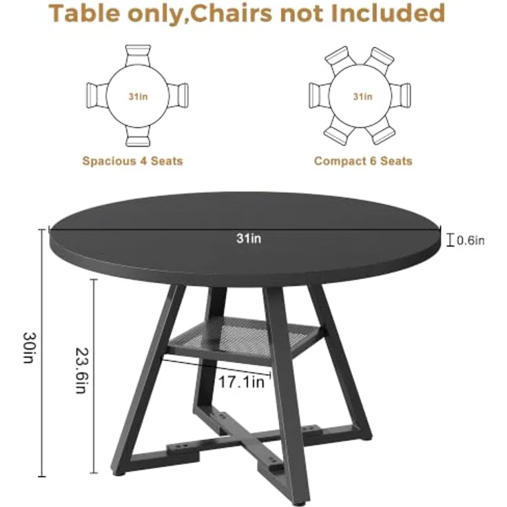 Jocoevol Esstisch Runder für 2 Personen, Esszimmertisch mit Ablage, platzsparender Küchentisch aus Holz im Industrial Design (Schwarz, 80x80x76cm) – Bild 3