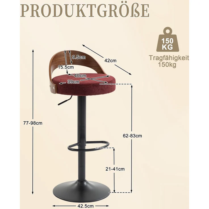 LVHOM Barstuhl 2er Set, 360° drehbarer Barhocker mit Rückenlehne und Fußstütze, höhenverstellbarer Tresenhocker aus Bugholz & Leinenstoff, Weinrot – Bild 6