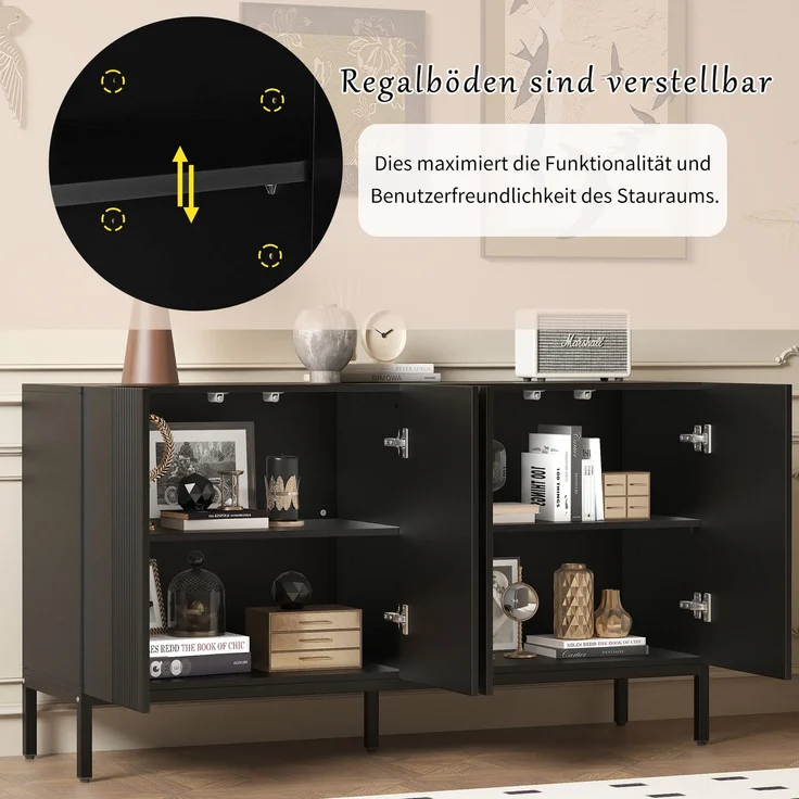 Merax Modernes Sideboard, Kommode, mit einzigartiger Linie, 4-türig, grifflose Tür, für Esszimmer, Wohnzimmer und Küche (Schwarz) – Bild 6