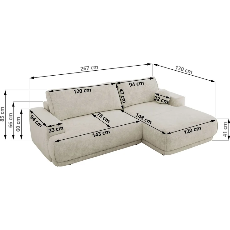 RINA L Design Ecksofa, Schlaffunktion & Stauraum, DL-System, Wellenfedern, Liegefläche 220x155 cm, freistehendes Polstersofa, Schlafcouch - Creme Schenille grob gewebt - Rechts Seite – Bild 6