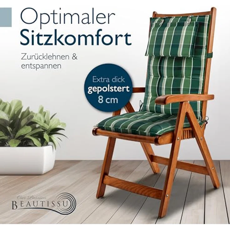 Beautissu Hochlehnerauflage 6er Set Sun-HL, 120x50x8 cm, Grün-Kariert, mit Kopfpolster, rutschfest, UV-Schutz 5, robust – Bild 2