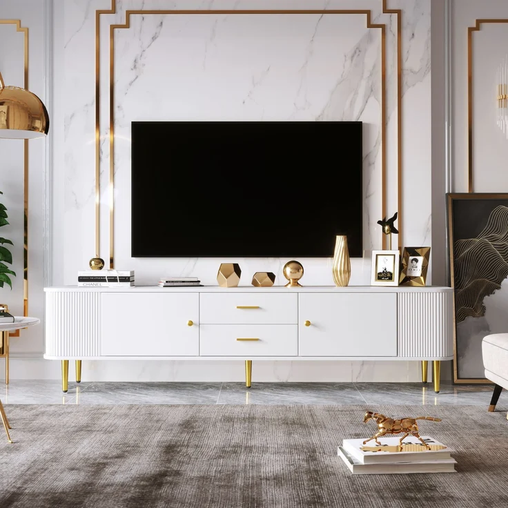 TV-Schrank Weiß mit Goldgriffen 170 x 34 x 45 cm Moderner Lowboard TV-Möbe,mit 2 Türen und 2 Schubladen – Bild 8