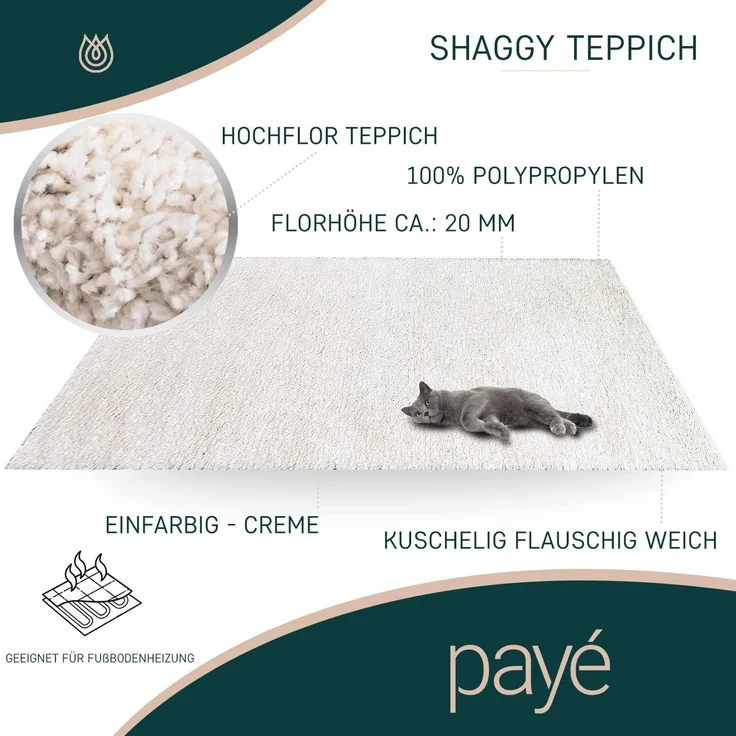 Teppich Wohnzimmer Hochflor Shaggy - 200x200cm - Creme Einfarbig Uni Flauschig Modern Boho Deko Teppiche Weich Schlafzimmer – Bild 4