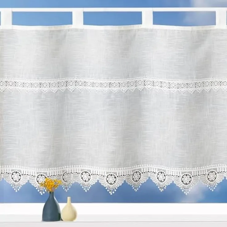 heimtexland Scheibengardine Landhaus Gardine Leinen Optik natur Kurzstore (1 St), Schlaufen, halbtransparent, Polyester, Schlaufen Bistrogardine 45x120 cm I Makramee Borte