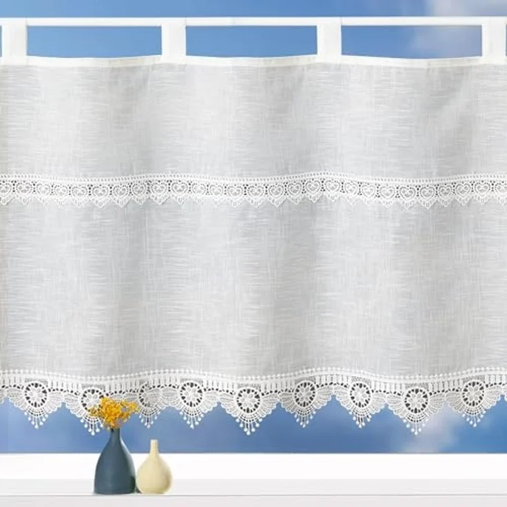 heimtexland Scheibengardine Landhaus Gardine Leinen Optik natur Kurzstore (1 St), Schlaufen, halbtransparent, Polyester, Schlaufen Bistrogardine 45x120 cm I Makramee Borte – Bild 1