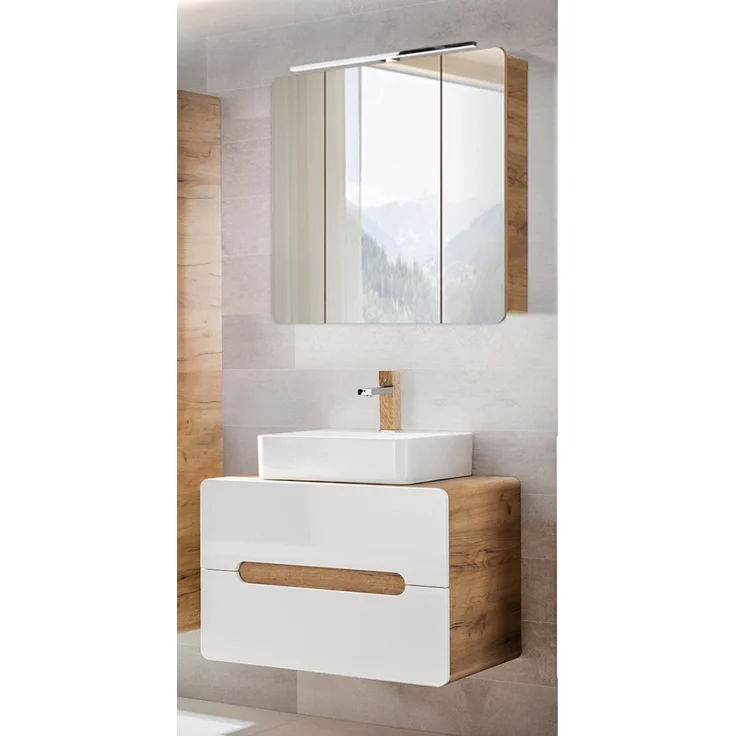 Badezimmer Waschplatz Set mit Keramik Aufsatzbecken Hochglanz weiß mit Wotan Eiche Nb. LUTON-56, B/H/T ca. 80/200/46 cm – Bild 1