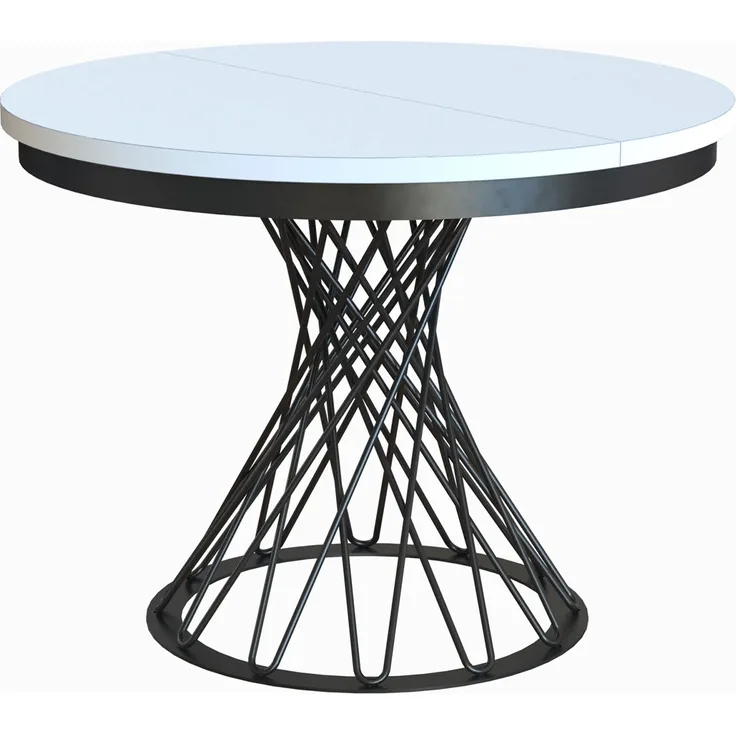 MEBLINI Esstisch Rund Ausziehbar aus Metall - 100-138x77cm - LUCO - Weiß Matt/Schwarz Matt - Loft - Esszimmertisch Modern - Küchentisch - Ausziehtisch - Round Dining Table - Esszimmertische - Weiß Matt/Schwarz Matt