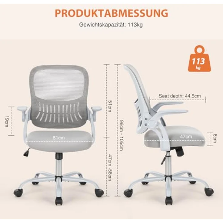 Sweetcrispy Bürostuhl Ergonomisch, Schreibtischstuhl mit Lendenwirbelstütze, Höhenverstellbarkeit Stuhl, Bürostühle mit Armlehne, Office Chair Geeignet für Büro und Schlafzimmer, Grau – Bild 4