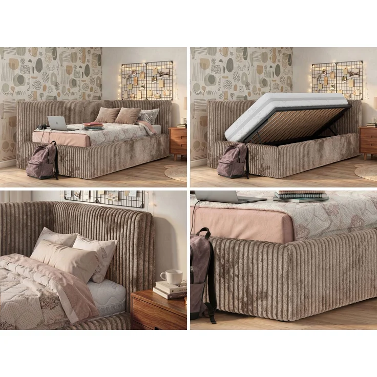 Jugendbett 90x200 cm TILVO mit Bettkasten, Polsterbett, Jugendzimmer, Lattenrost und gepolstertem Kopfteil, Pocket Matratze - Braun Cord - Rechts - VIRE LUX – Bild 2