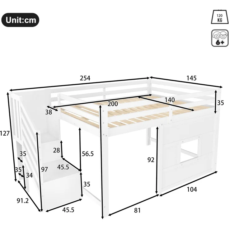EINHOM 140 x 200 Cmhochbett mit Stauraumtreppe und Fenster, 140 x 200 cm, Weiß, (Ohne Matratze) – Bild 2