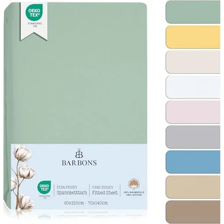 BARBONS Spannbettlaken für Baby/Kinderbett - 100% Jersey-Baumwolle Oeko-TEX Standard 100 Zertifiziert Bettlaken für Babybett (Grün - 2er - 60x120 cm / 70x140 cm)
