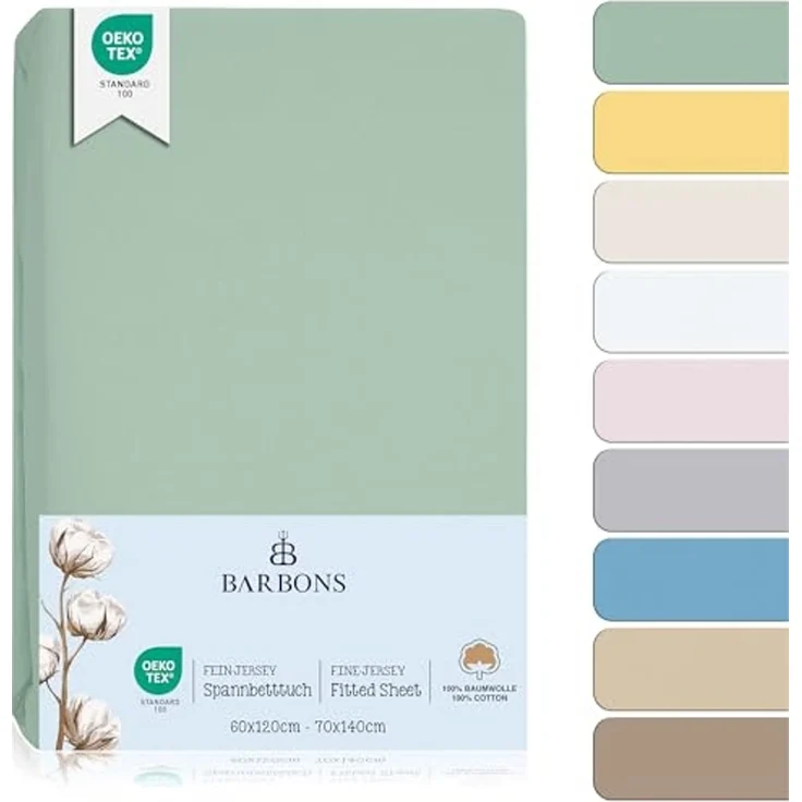 BARBONS Spannbettlaken für Baby/Kinderbett - 100% Jersey-Baumwolle Oeko-TEX Standard 100 Zertifiziert Bettlaken für Babybett (Grün - 2er - 60x120 cm / 70x140 cm) – Bild 1