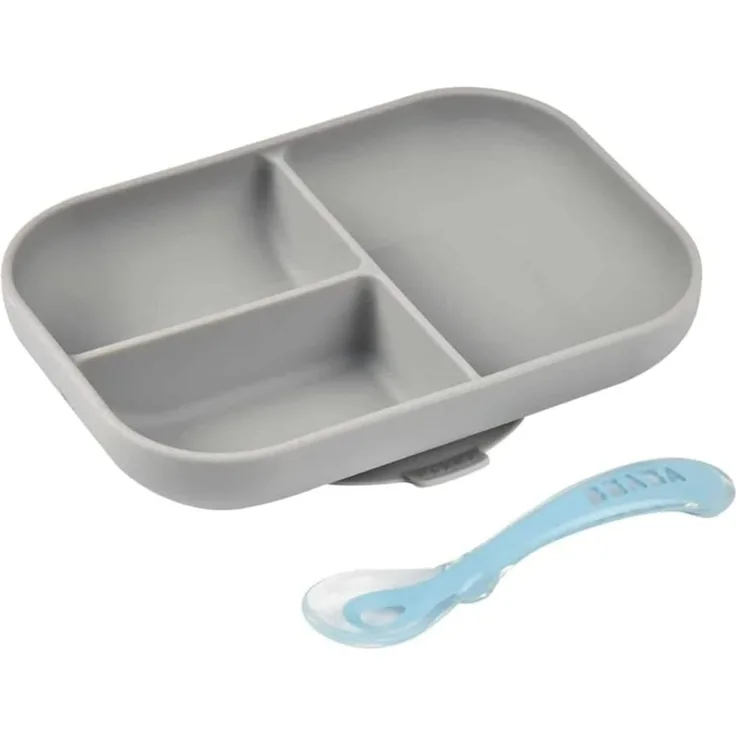 Béaba Baby Teller mit Rutschfeste aus Silikon mit Saugnapf, Silikonlöffel, Saugt sich am Tisch/am Essbrett des Hochstuhls fest, Geeignet für die Mikrowelle, Grey