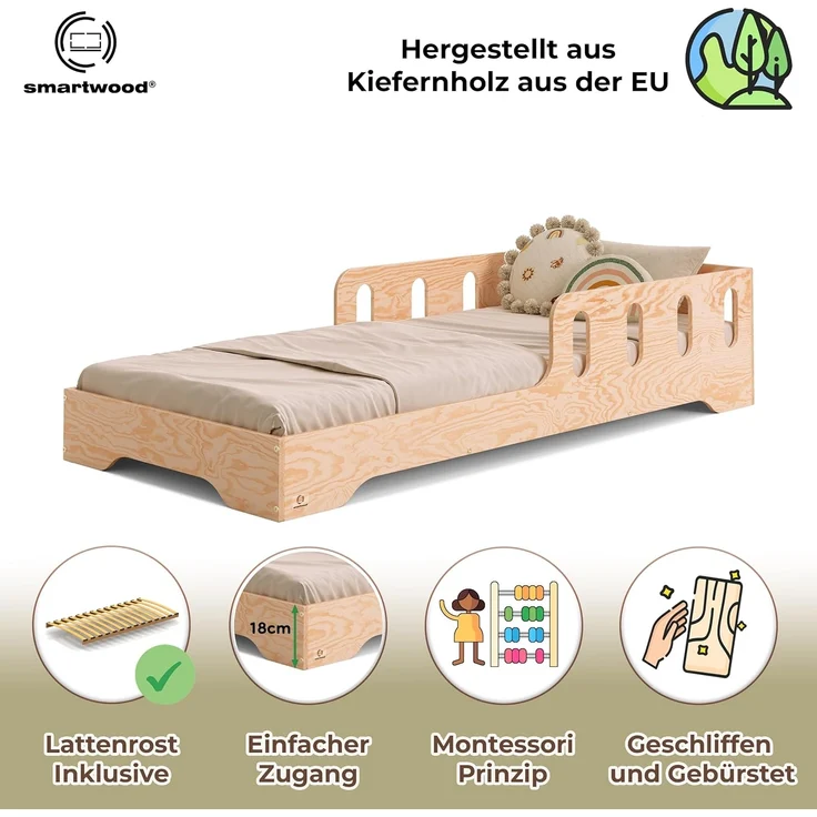 smartwood Kinderbett 120x200 cm Montessori Bodenbett mit Rausfallschutz & Lattenrost - Aus handbemaltem Sperrholz - Sicher für Jungen und Mädchen - Einfache Montage - TILA 6 – Bild 3