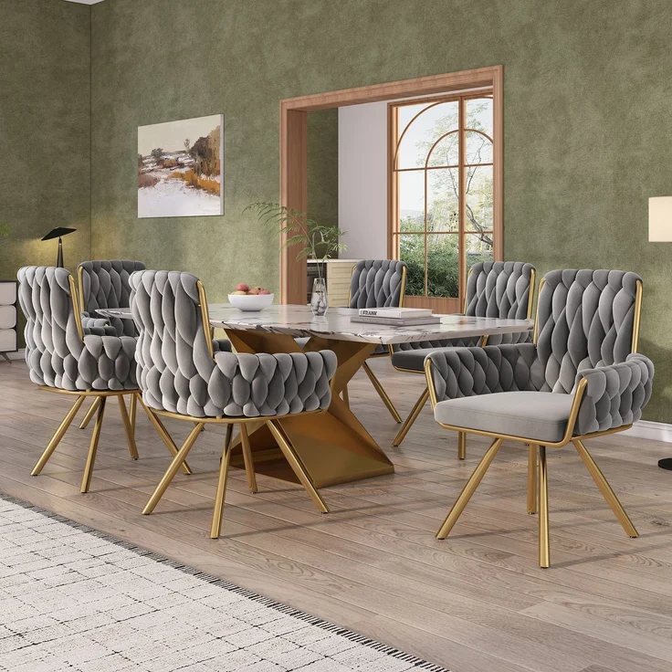 Merax Samt-Esszimmerstuhl, 4er set, Sessel, einzelner luxuriöser Wohn- und Schlafzimmer-Drehstuhl, Freizeit-Drehstuhl mit vier Stützbeinen aus Metall, grau – Bild 3