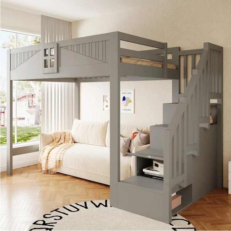 Celya Hochbett Massivholz Multifunktionsbett 140 x 200 cm mit Stauraum (ohne Matratze, Mit Einzigartigem Sicherheitsgitter Mit Fenster) Beidseitig Austauschbarer Aufbewahrungsleiter – Bild 1