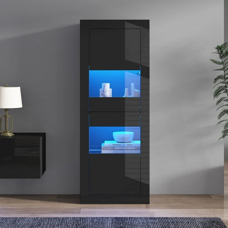 Merax Standvitrine hochglanz Vitrine mit LED-Beleuchtung inkl. Fernbedienung (1-St) Hochschrank mit erstellbaren Glasböden & Kippsicherung, 61x42x162 cm – Bild 3