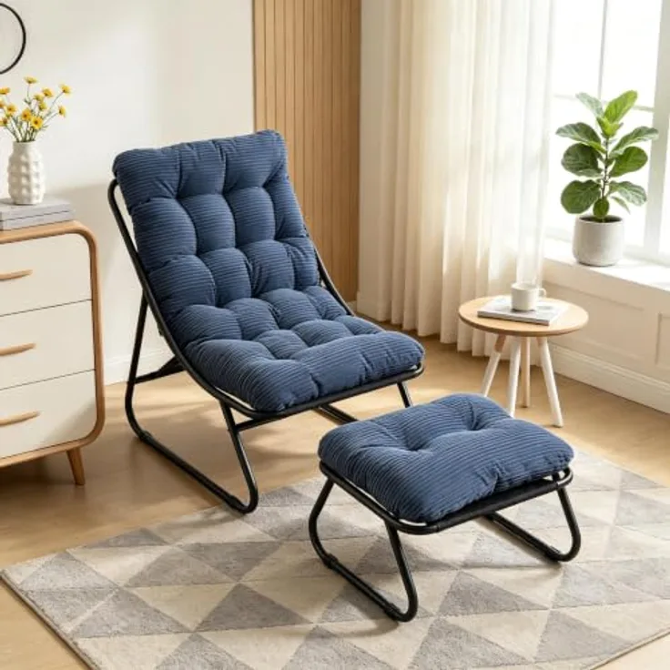 Relaxsessel Set mit Fußhocker, gepolsterte Auflage, Metallgestell für Innen & Außen (Blau)