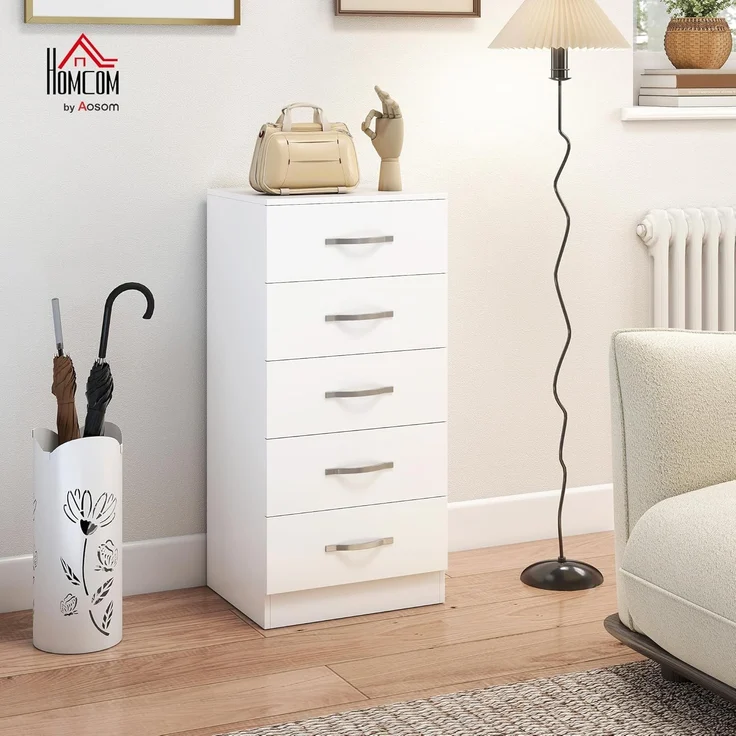 HOMCOM Kommode mit 5 Schubladen, für Kleidung und Utensilien (Schubladenschrank, 1 St, Sideboard), für Wohnzimmer, Schlafzimmer, Weiß – Bild 2