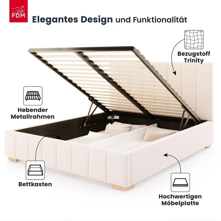 FDM Polsterbett modern mit Bettkasten MADE IN EU - mit hochwertigem Velours Bezug (verfügbar 90x200 120x200 140x200 160x200 180x200cm, Bettrahmen, Bett, mit großen gepolsterten Kopfteil, mit Bettkasten zum aufklappen), Hebbarer Metallrahmen, Bettkasten... – Bild 2