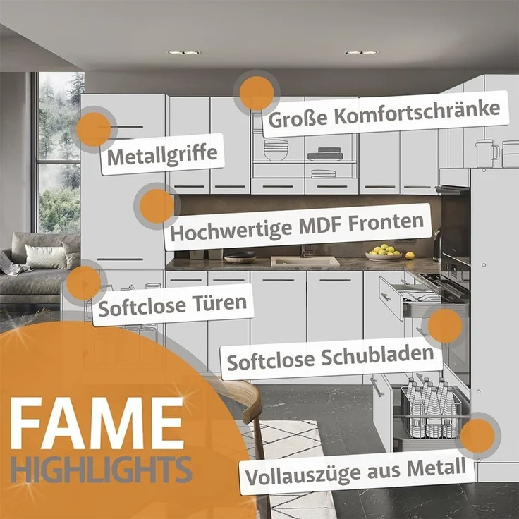Singleküche Fame-Line Dunkelblau Hochglanz/Anthrazit 150 cm ohne Arbeitsplatte Vicco – Bild 4