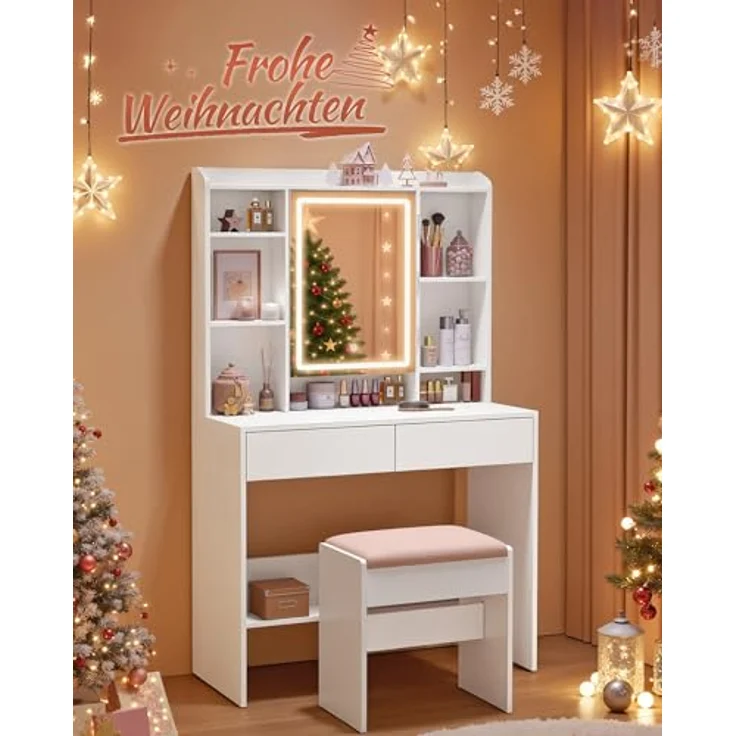 VASAGLE Schminktisch mit Beleuchtung, einstellbare Helligkeit, Hocker, Frisiertisch mit Spiegel, Kosmetiktisch mit verstellbaren Ablagen, 2 Schubladen, modern, wolkenweiß und pastellrosa – Bild 3