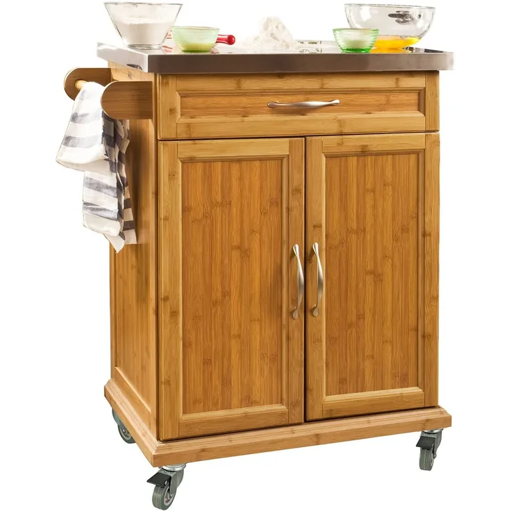 SoBuy FKW13-N Küchenwagen aus hochwertigem Bambus mit Edelstahltop Küchenschrank Kücheninsel BHT ca. : 66 x 90 x 46 cm