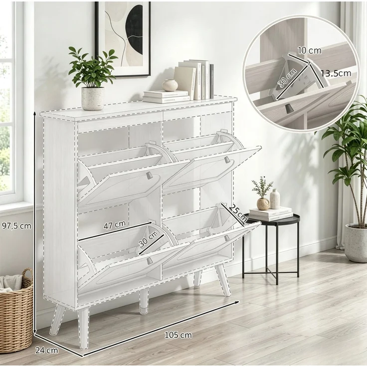 DESVIAE Garderobenschrank Schuhschrank Naturholz aus Spanplatte/Rattan – 105x97,5x24 cm – 4 Klappfächer – Bild 9