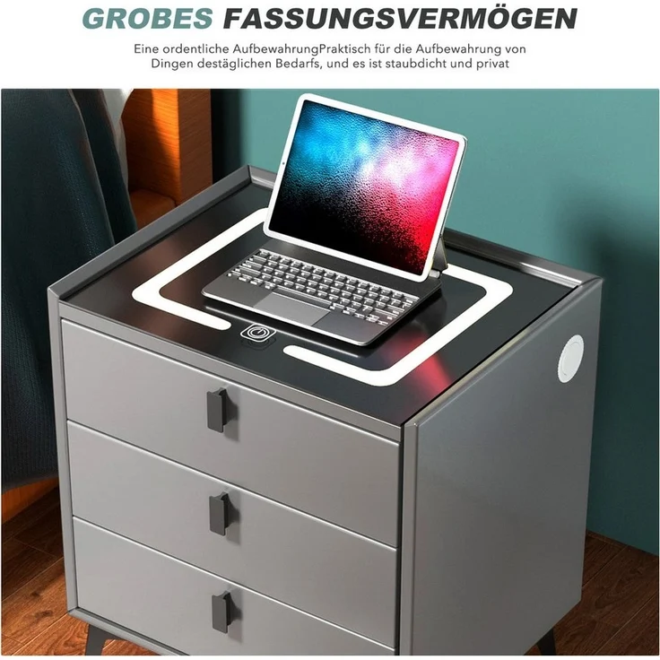 oyajia Nachttisch Nachttisch mit LED-Beleuchtung, mit 15W Kabelloses Laden,Beistelltisch (Schlafzimmer Nachttisch), Touch-Sensor-Licht, Modern Hochglanz Nachtschrank mit 3 Schubladen – Bild 3