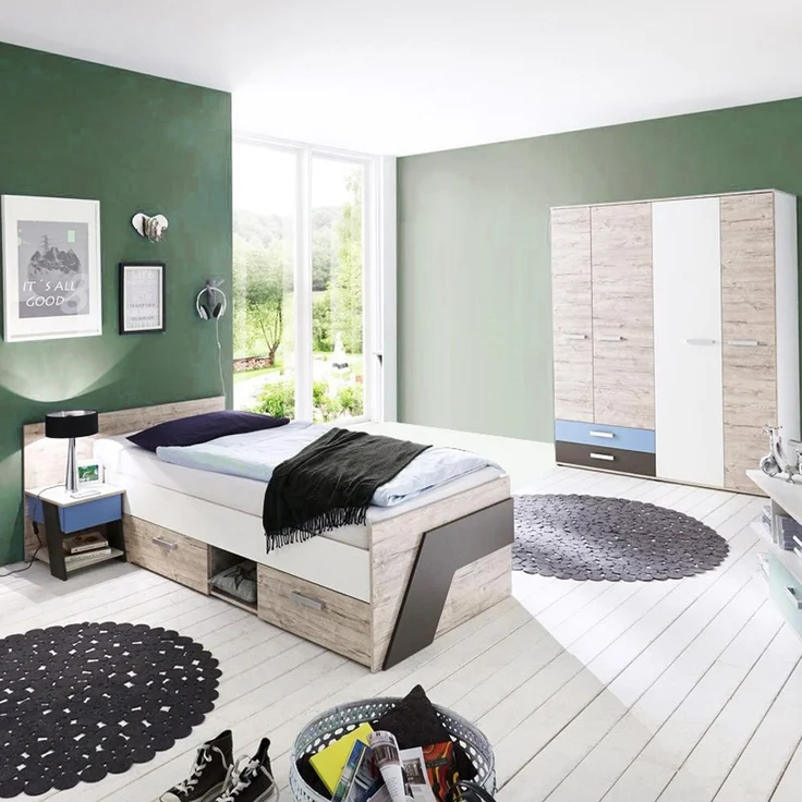 Kinderzimmer Set Komplett Sandeiche Nb. mit weiß, Lava 3-teilig LEEDS-10 und Denim Blau – Bild 1