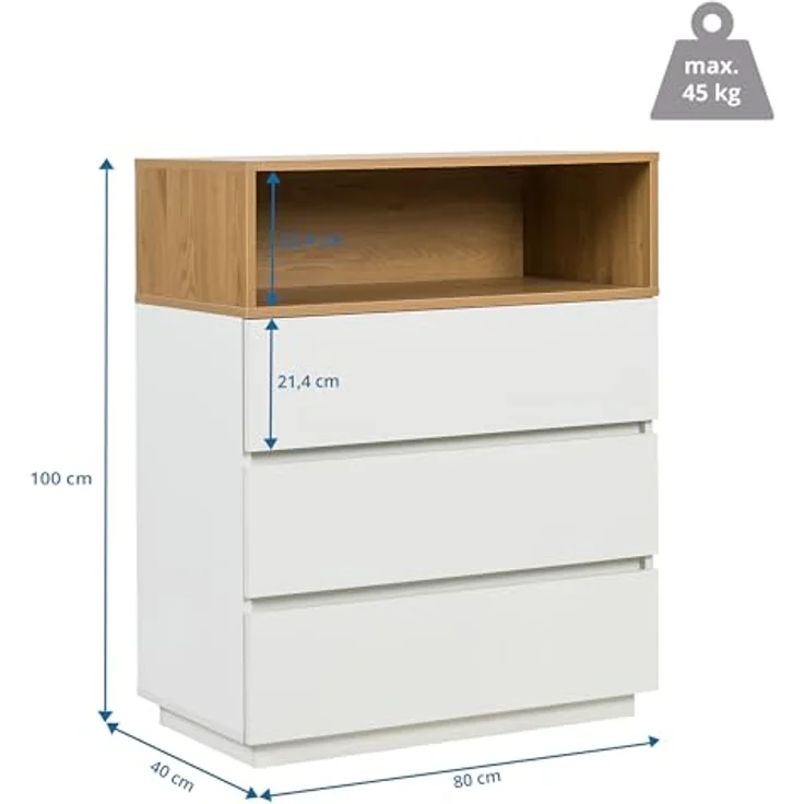 hjh LIVING Kommode mit 3 Schubladen, 1 offenes Fach MELMO K 80 x 40 x 100 cm Highboard Schrank im skandinavischen Stil, griffloses Design, Weiß/Eiche – Bild 4