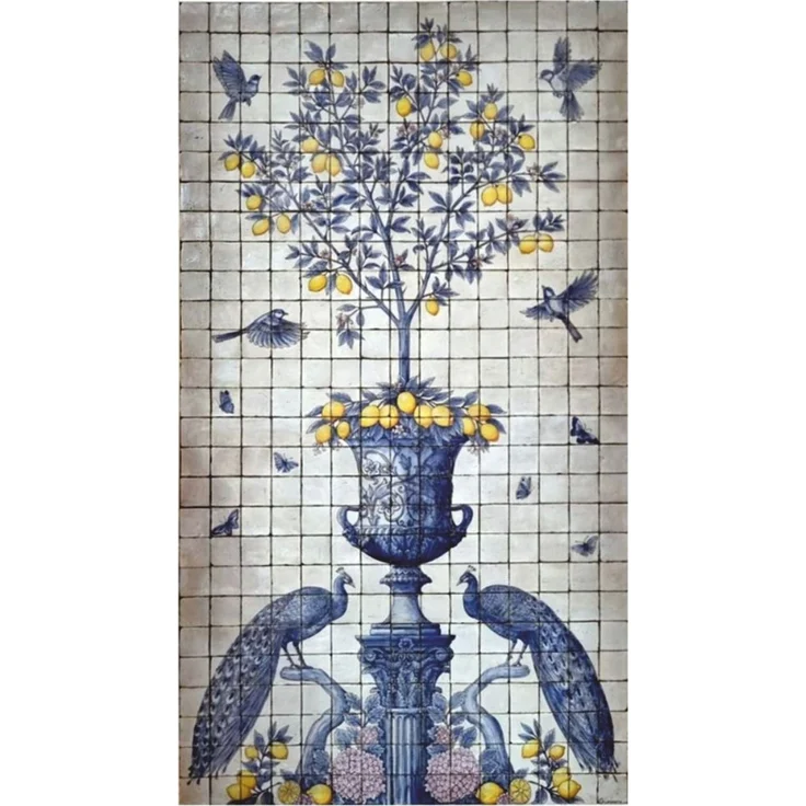 Casa Padrino Luxus Barock Keramik Wandgemälde Creme / Blau / Gelb / Lila H. 280 cm - Mosaik Fliesen Gemälde – Bild 1