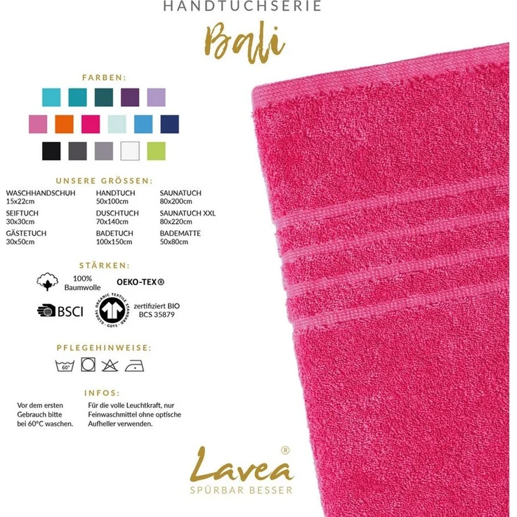 Lavea Handtücher Bali Handtuch 50x100 cm, Sporthandtuch, Fitness-Handtuch, Weiches Bio-Baumwollfrottee (1-St), pflegeleicht, GOTS-zertifiziert, extra saugstark mit 500g/m² – Bild 3