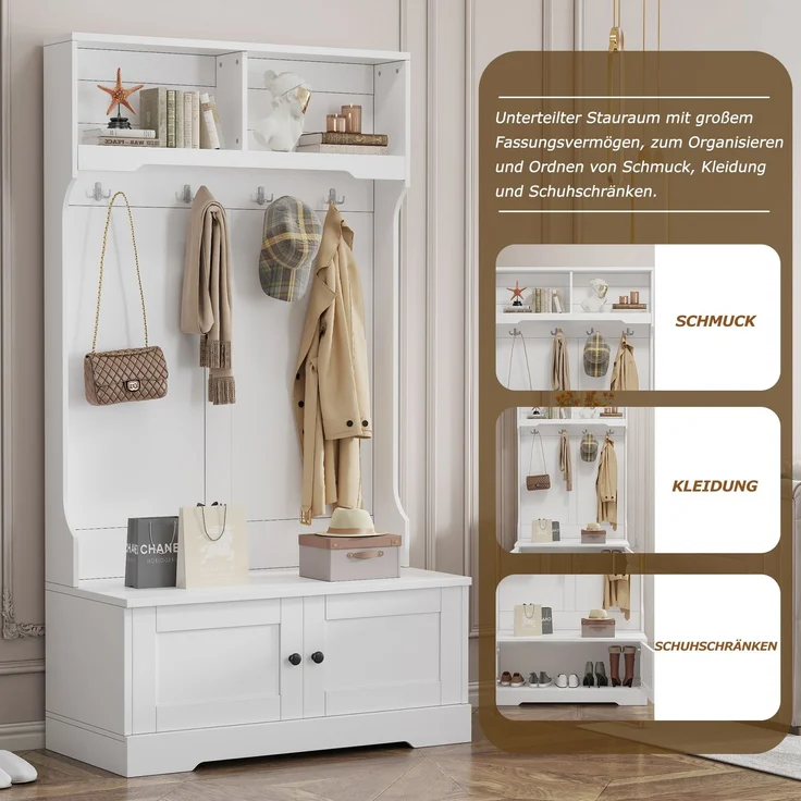 Schrank mit integrierter Sitzbank, Stauraum, Silent Soft-Close Türen, offenen Fächern und 4 Haken – Bild 7