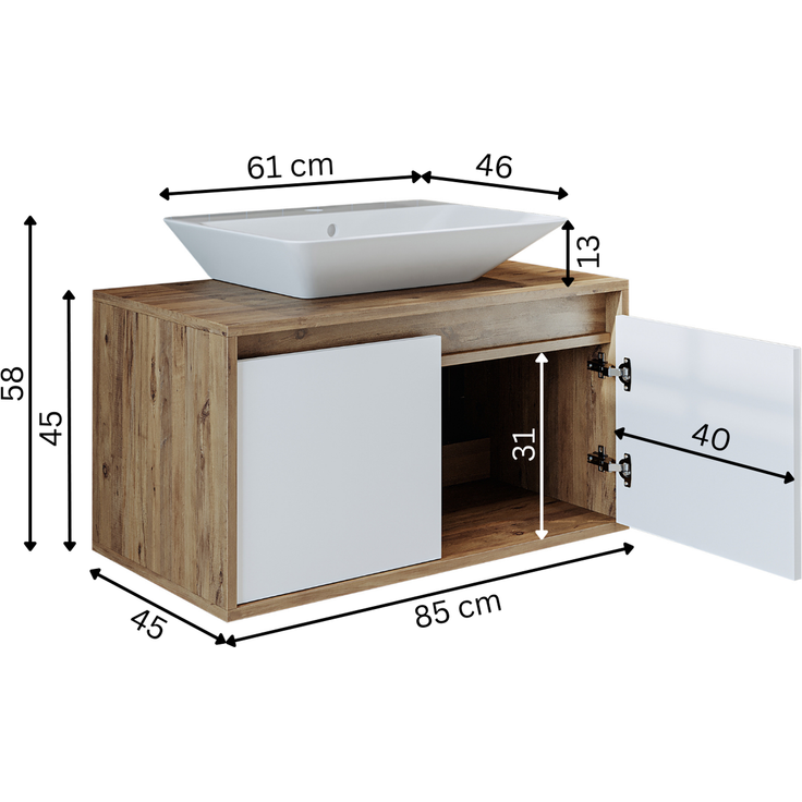 Roomart ATLANTIC-85 Badmöbel Set– 2-teiliges Badezimmermöbel Set - Waschbecken mit Unterschrank - H 45 x B 45 x T 85 cm • Weiß-Eiche – Bild 6