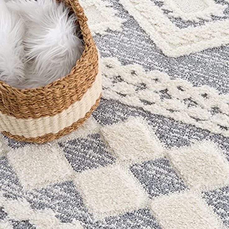 Teppich Wohnzimmer Hochflor - Boho - Pastell Cream Grau - 120x170cm - Einfarbig - Modern Raute Meliert Muster - Skandinavisch Flauschig Weich - Wohnteppich Schlafzimmer Dekoration – Bild 5