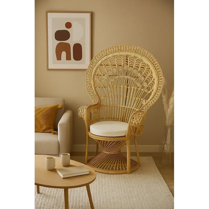 Pfauenthron aus Rattan beigefarben mit Kissen