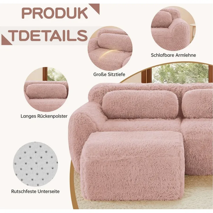 Odikalo Sofa Ecksofa Schlafsofa Modulares Sofa, Plüschstoff, 2-Sitzer Sofa, Plüschstoff, rahmenloses modulares Design, frei kombinierbar, mit Kissen. Weich, hochelastischer Schaumstoff, rutschfester Boden, geeignet für Wohnzimmer, Schlafzimmer, Arbeits...
