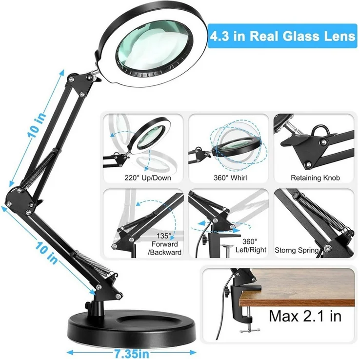 Toomoke Lupenlampe Lupenleuchte, Klemmleuchte für Lesen und Präzisionsarbeit, Arbeitslupe, Tischlupe für Nähen, Basteln, Elektronik und Kosmetik, 10-fach, 4,3 Zoll Glaslinse, 10 W, 72 LEDs, 3 Lichtfarben – Bild 4