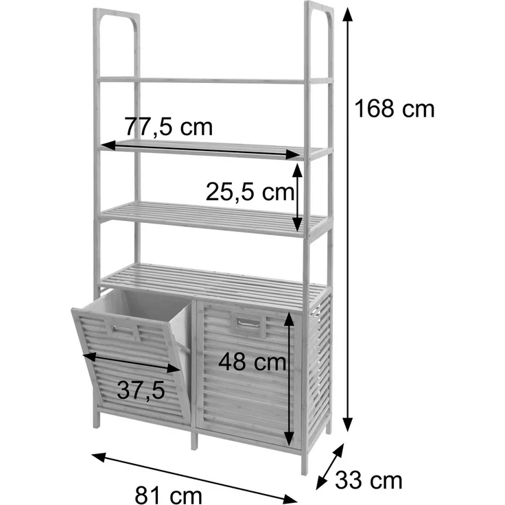 Bambus-Badezimmerschrank HWC-N83, Regal Badschrank, 2 Wäschekörbe 4 Regalböden MVG 168x81x33cm ~ natur, Korb anthrazit – Bild 3