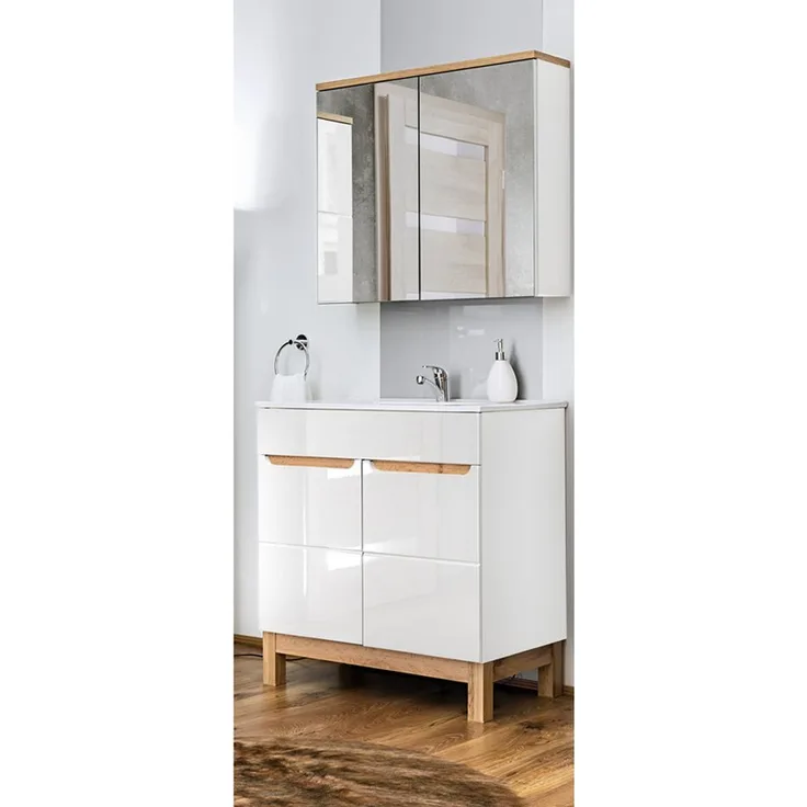 Badmöbel Waschplatz Set inkl. Keramikwaschtisch 60 cm 2-teilig SOLNA-56 Hochglanz weiß inkl. Standfüßen BxHxT ca.: 60 x 200 x 45 cm