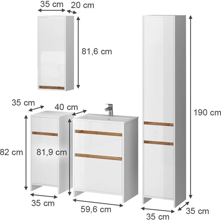 Badmöbel-Set Detmold Weiß Hochglanz/Goldkraft Eiche 5er-Set Vicco – Bild 3