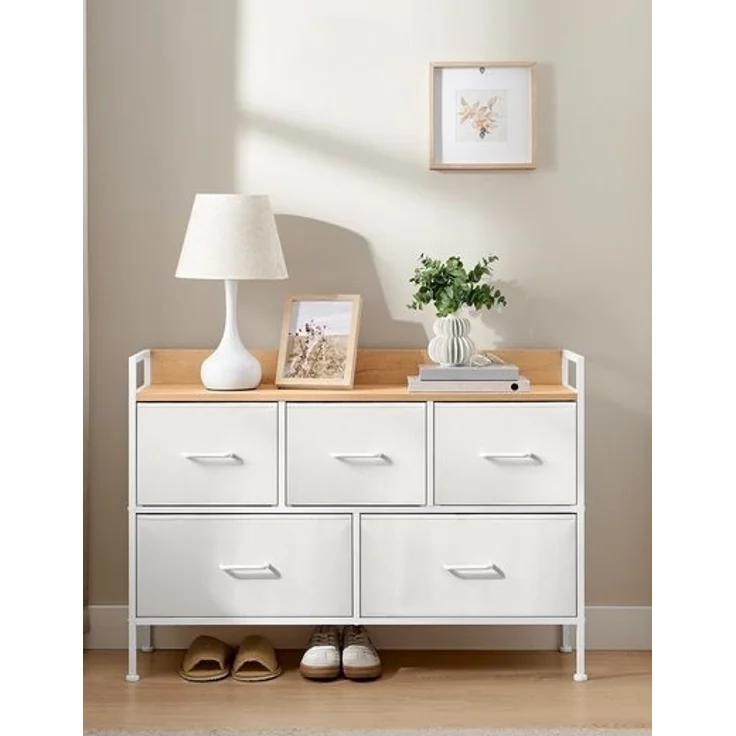 Songmics Kommode, 5 Stoff-Schubladen mit Griffen, MDF / Stahl wolkenweiß-eichenbeige, 70 x 29 x 98,2 cm – Bild 1