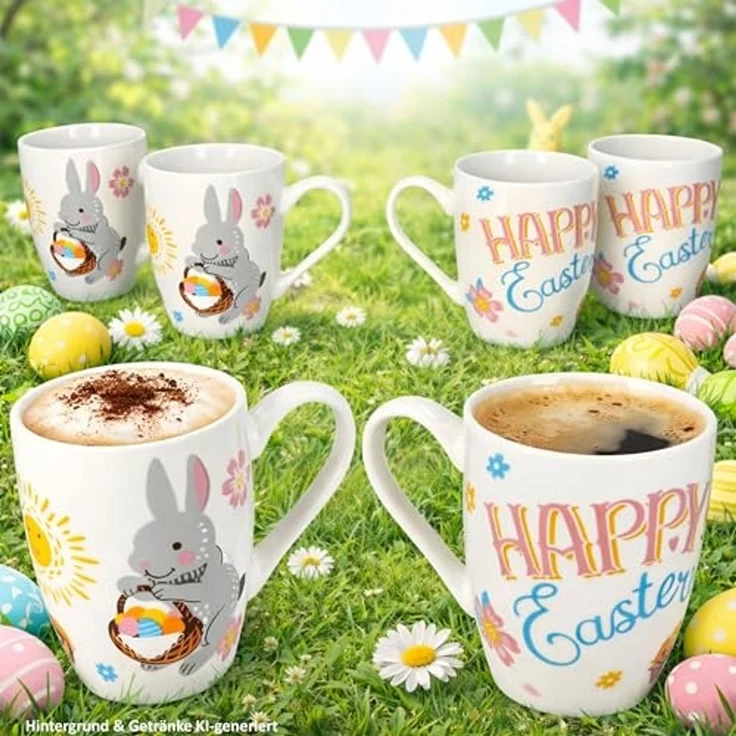 MamboCat Becher MamboCat 6er Set Easter Kaffeebecher 250ml Porzellan Ostern Hase bunt, Porzellan – Bild 5