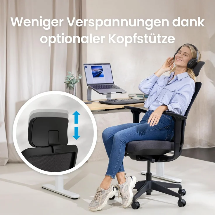 Ergotopia 'PureBack' ergonomischer Bürostuhl mit Lordosenstütze & 4D-Armlehne, Schwarz, mit Kopfstütze – Bild 5