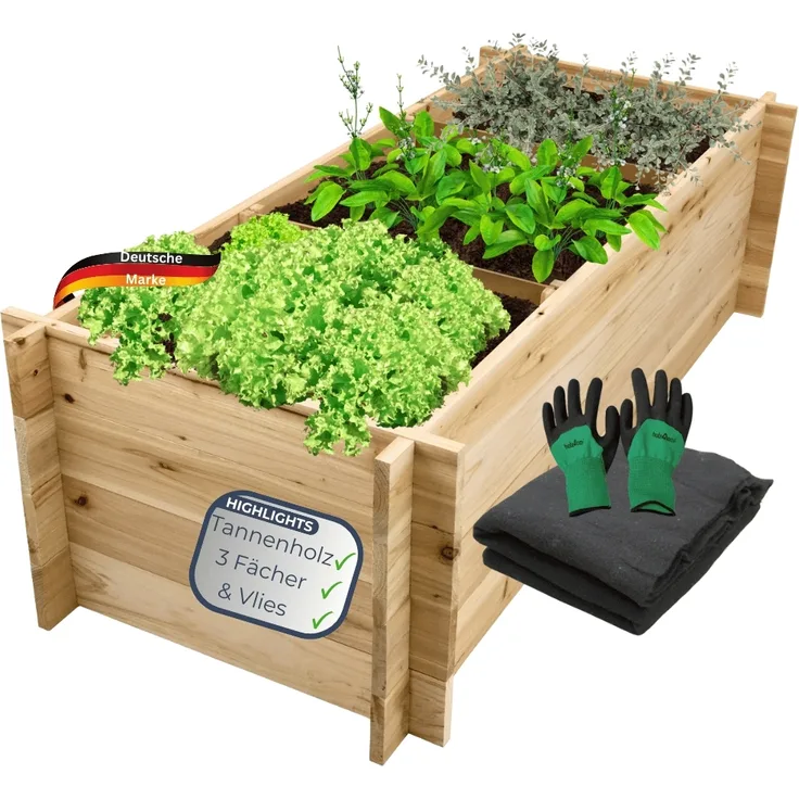 Hochbeet für Garten Holz SMARTA - 3 Fächer | Pflanzkasten aus Tannenholz Gartenbeet Pflanzenbeet für Gemüse Blumenbeet, 140x60x40cm
