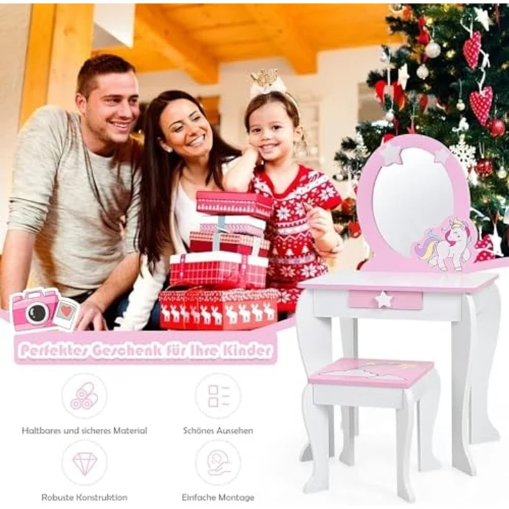 FANTASK Kinderschminktisch mit Schublade und abnehmbarem Spiegel, Prinzessinnenschminktisch mit Hocker, rosa und weißer Schminktisch für Mädchen von 3-7 Jahren – Bild 4