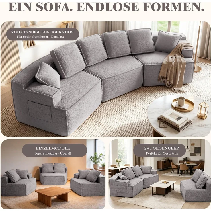COMHOMA Sofa, modulares Schlafsofa, Polstersofa, 3-Sitzer Sofa, Flexible Sektionscouch,mit Aufbewahrungstasche, Couch mit schlaffunktion, Keine Montage erforderlich, Sherpa-Kunstfell-Bezug, Grau – Bild 5