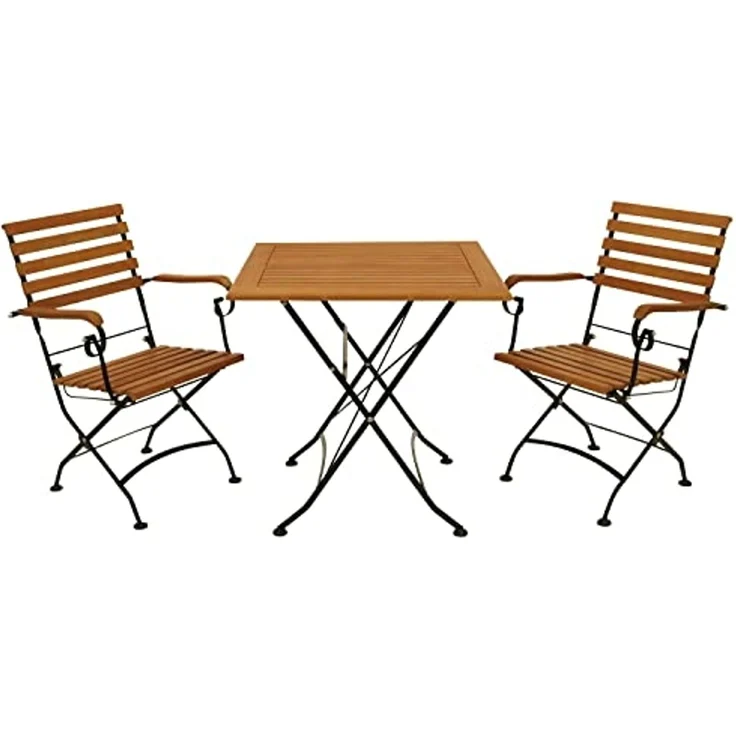 DEGAMO HOFGARTEN II Garten-Klappgarnitur 3-teilig, Stahl + Akazie, schwarz/braun, Tisch 75x75cm – Bild 1